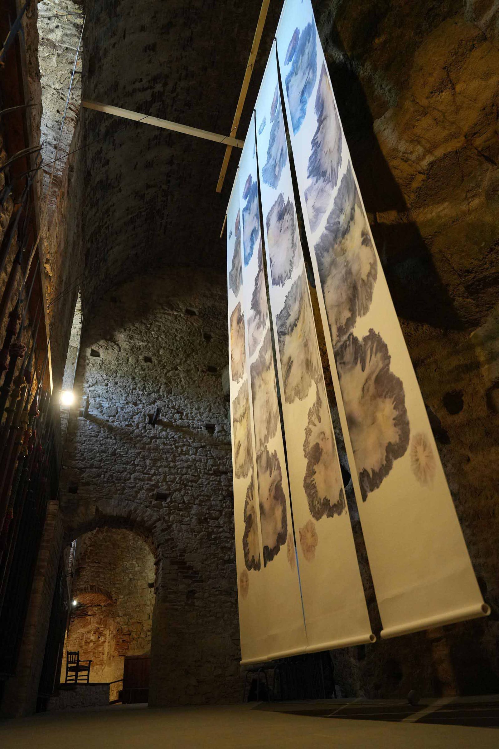 Vertical ice painting installation in the castle